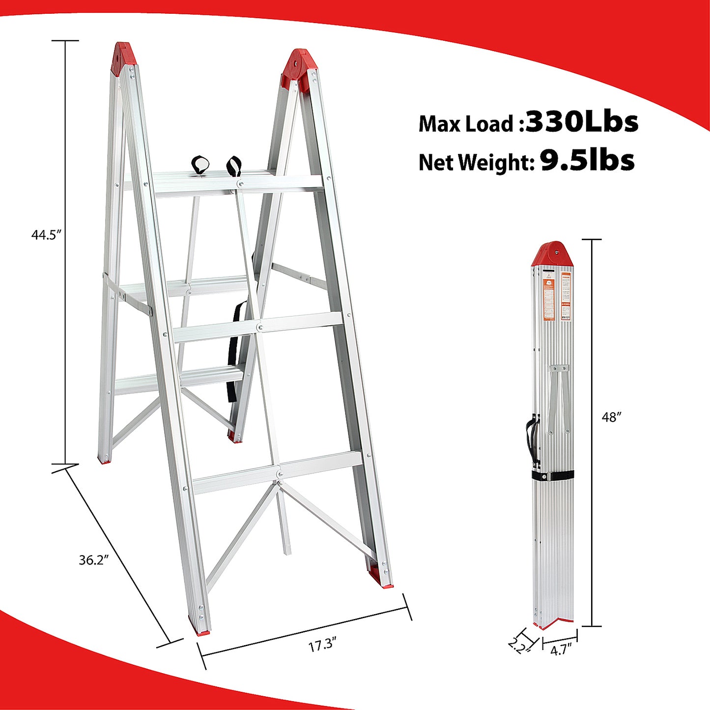 LEADALLWOOK Step Ladder 3 Step Folding Compact Ladder Aluminum A Frame Foldable Twin Front Step Stool, EN131 Certified, 330lb Capacity