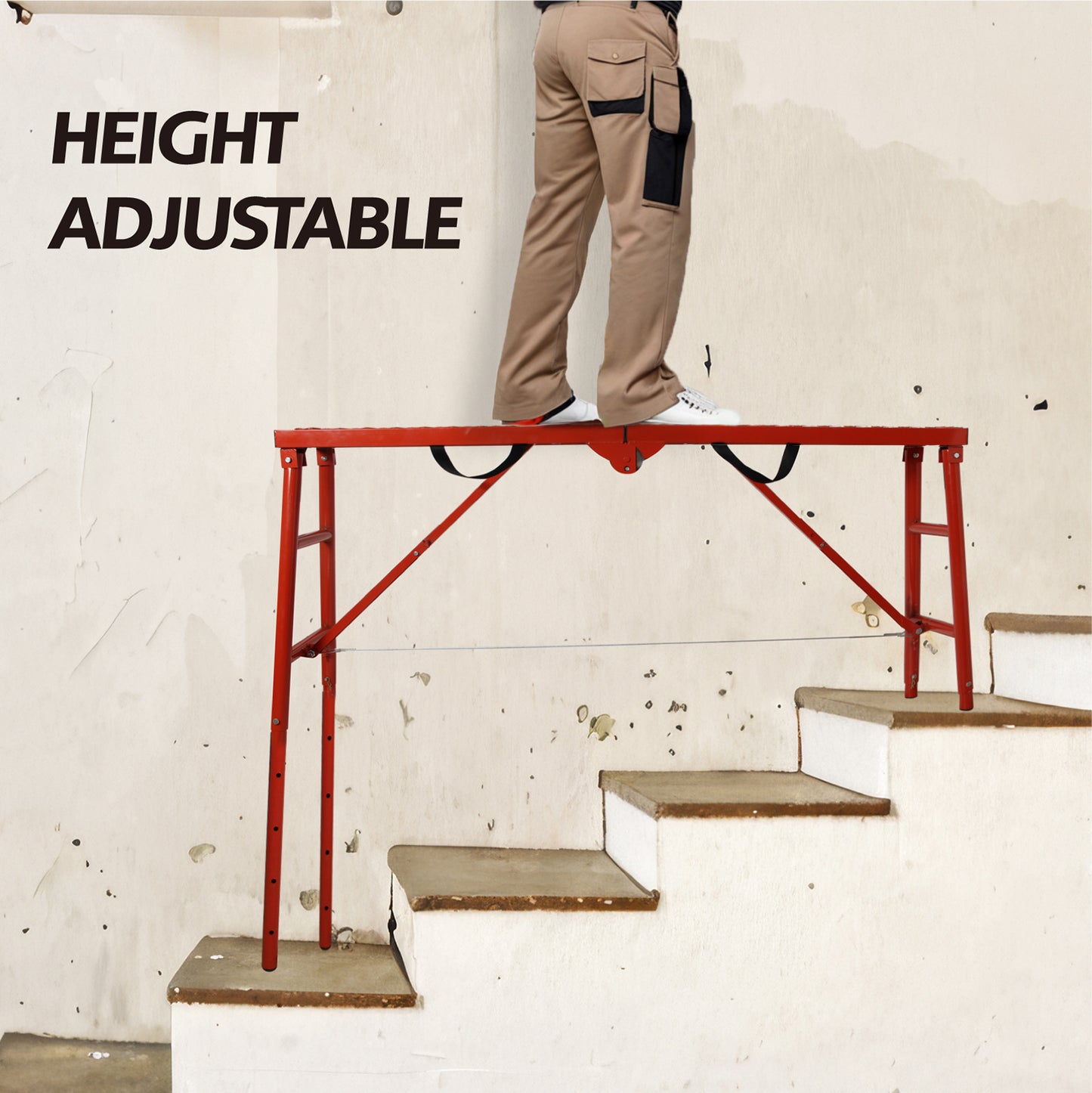 LEADALLWOOK Scaffolding Platform 770 LBS Capacity 70x11x33'' Folding Adjustable Portable Work Platform Ladder,Red