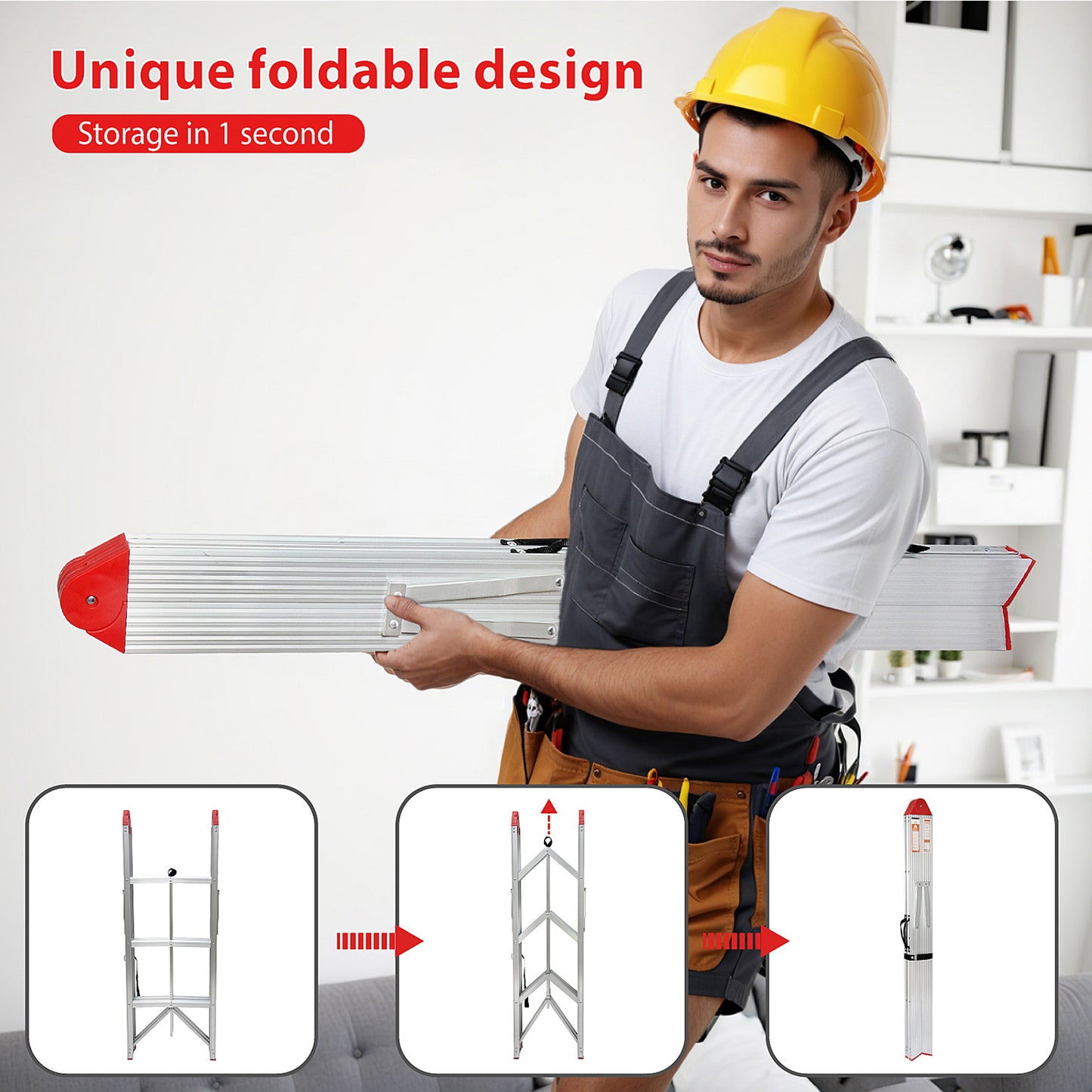 LEADALLWOOK Step Ladder 3 Step Folding Compact Ladder Aluminum A Frame Foldable Twin Front Step Stool, EN131 Certified, 330lb Capacity