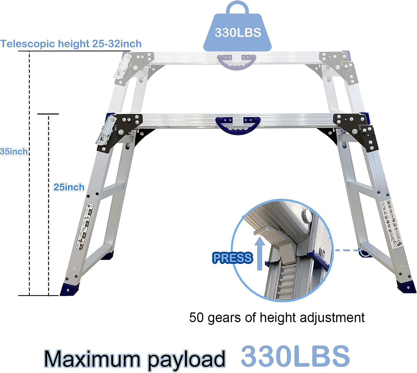 LEADALLWOOK Work Platform 39"x12",50 Gear Adjustable Height 25 to 35 inches Portable Folding Aluminum Step Ladder of Capacity 330 Lbs Heavy Duty