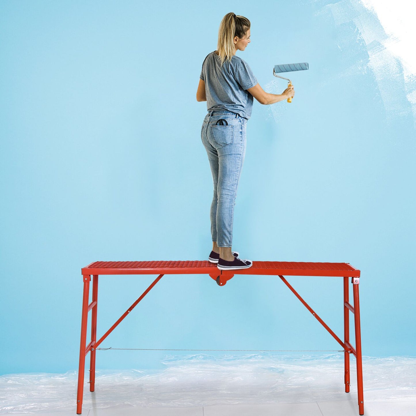 LEADALLWOOK Scaffolding Platform 70(L) x15(W) x33(H) 770 Lbs Capacity Portable Adjustable Work Platform Scaffolding Ladder,Red