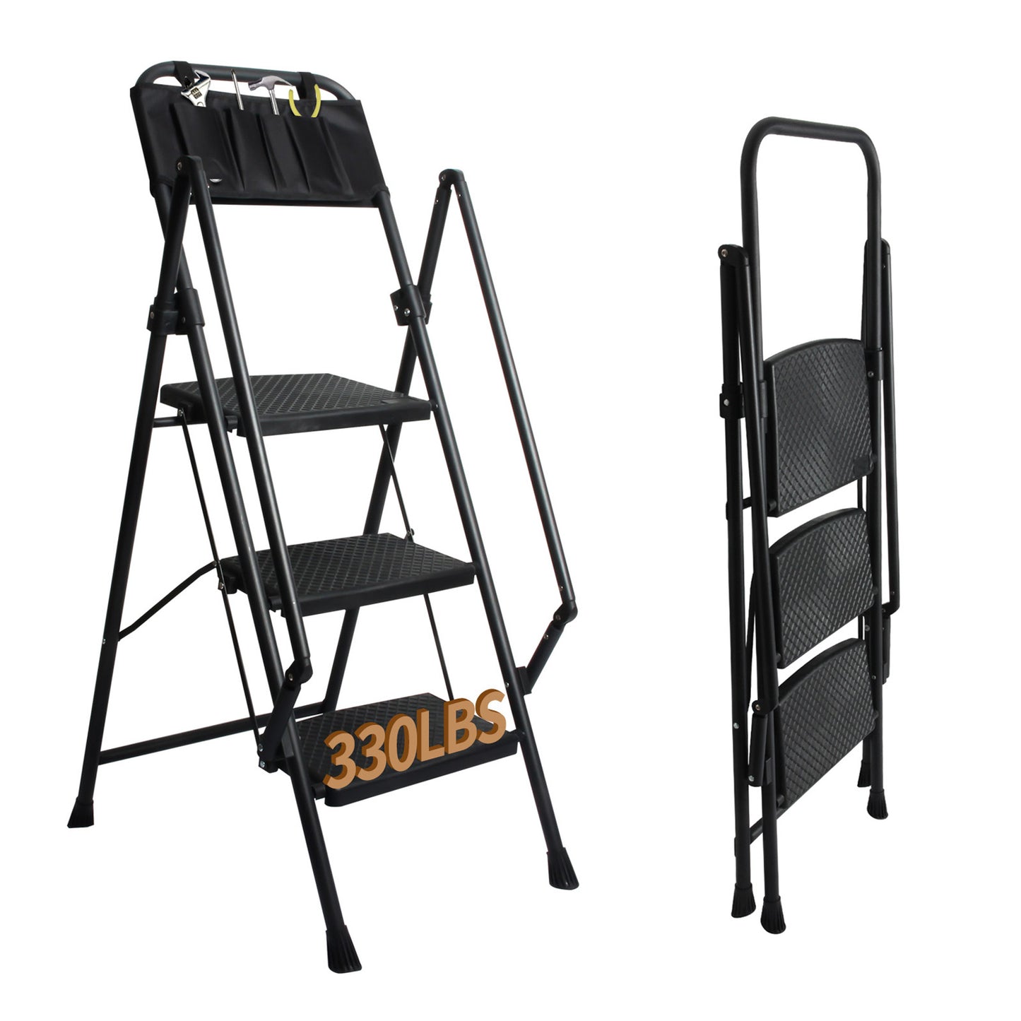 LEADALLWOOK 3 Step Ladder with Handrails Lightweight Folding Step Stool with Detachable Tool Bag for Home, Office, Kitchen and Garage,330lbs Capacity