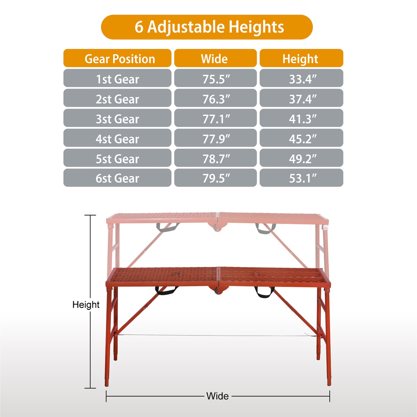 LEADALLWOOK Scaffolding Platform 70(L) x15(W) x33(H) 770 Lbs Capacity Portable Adjustable Work Platform Scaffolding Ladder,Red