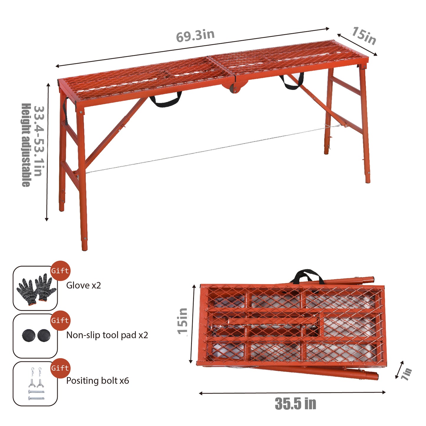 LEADALLWOOK Scaffolding Platform 70(L) x15(W) x33(H) 770 Lbs Capacity Portable Adjustable Work Platform Scaffolding Ladder,Red