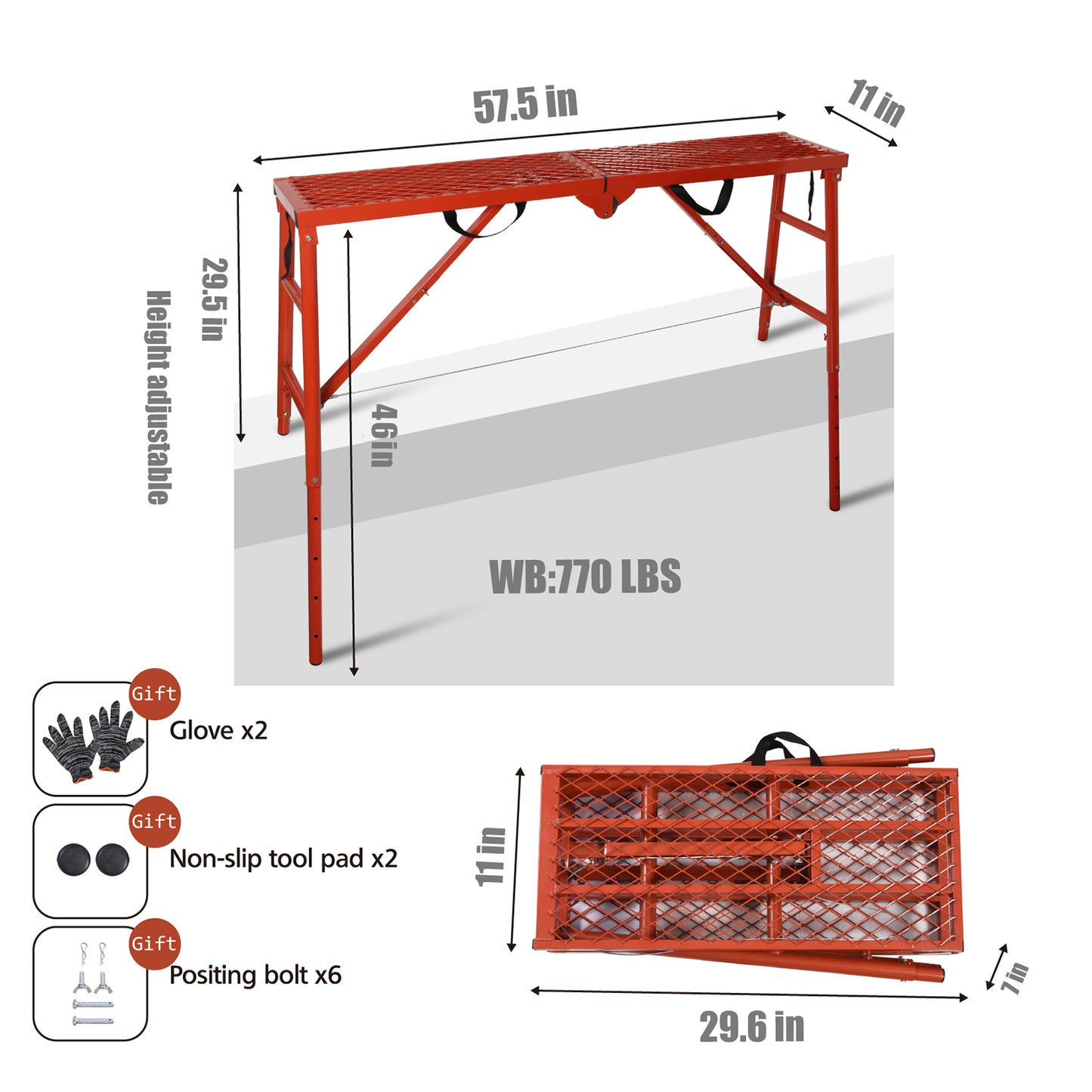 LEADALLWOOK Scaffolding Platform 770 LBS Capacity 70x11x33'' Folding Adjustable Portable Work Platform Ladder,Red