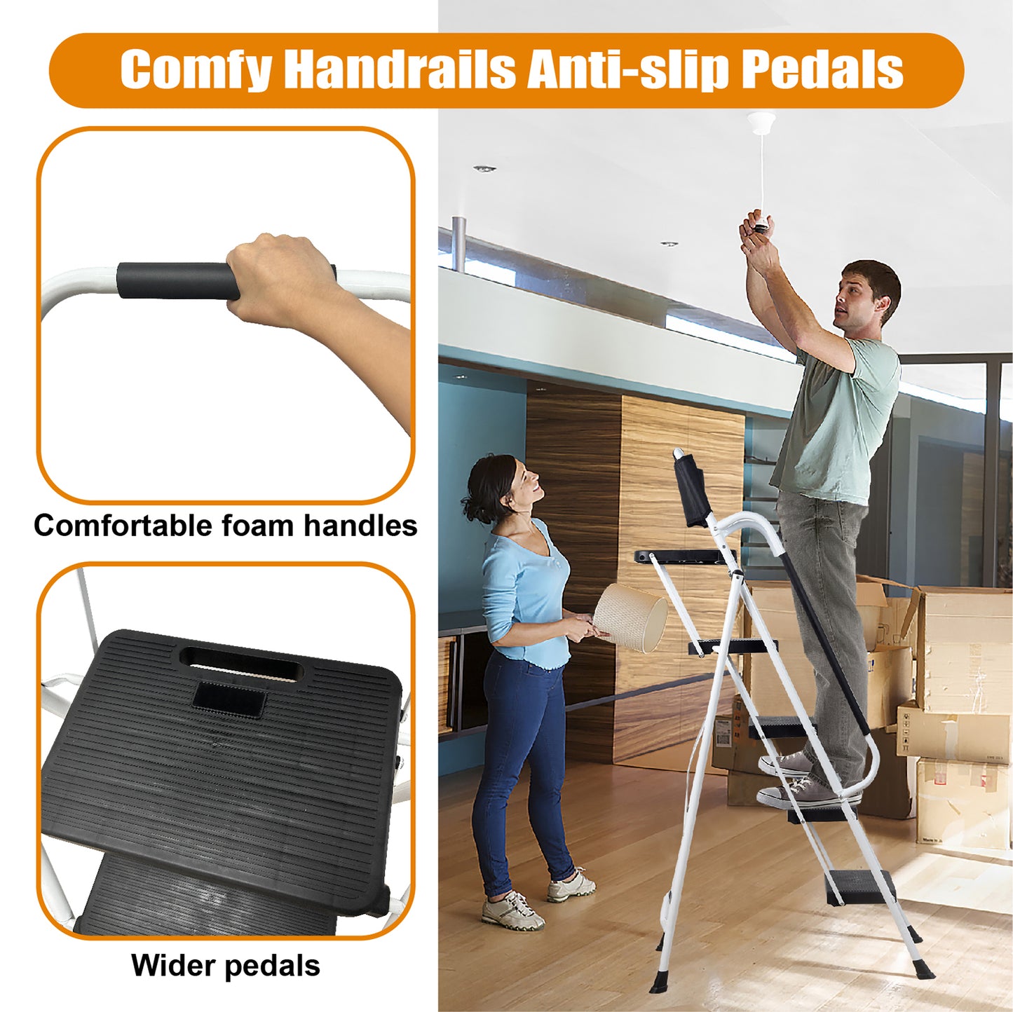 LEADALLWOOK 4 Step Ladder with Handrails (Include Tool Tray+Bag) 330lbs Capacity