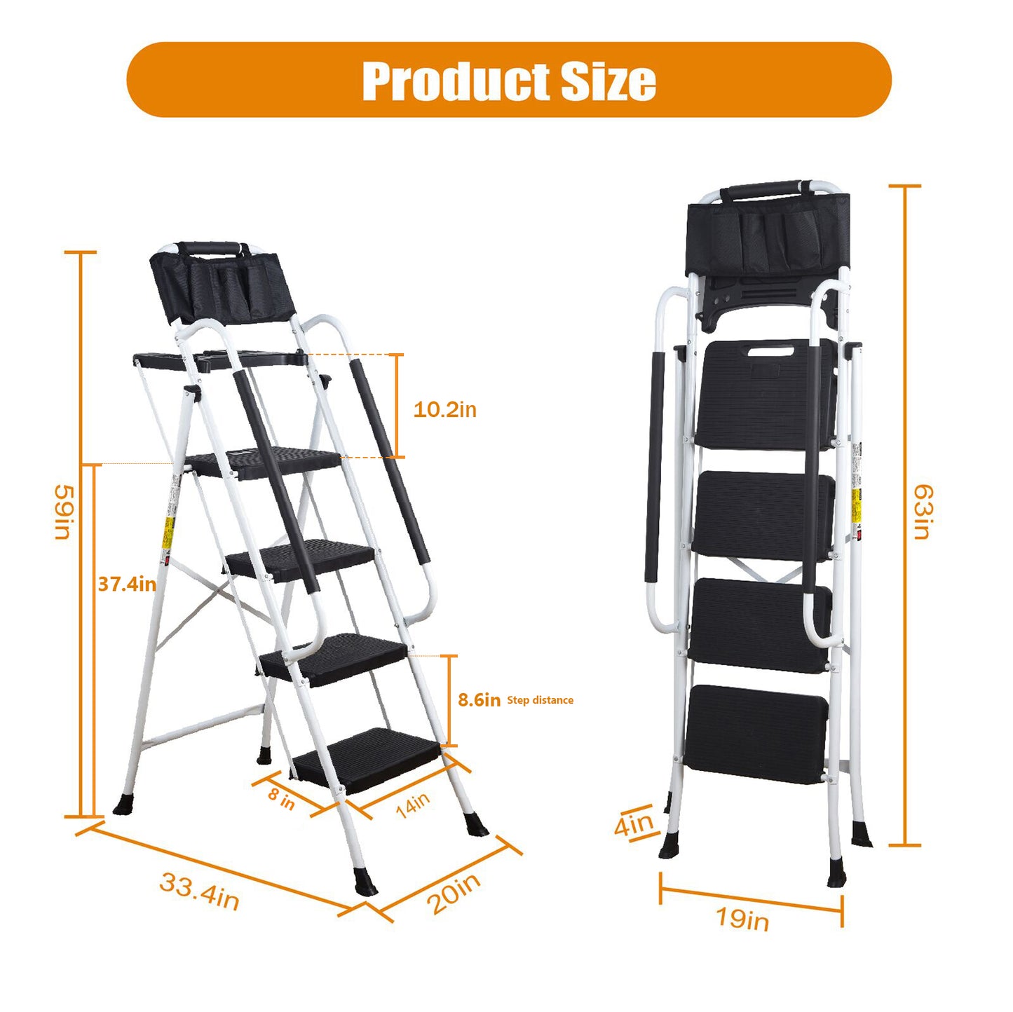 LEADALLWOOK 4 Step Ladder with Handrails (Include Tool Tray+Bag) 330lbs Capacity