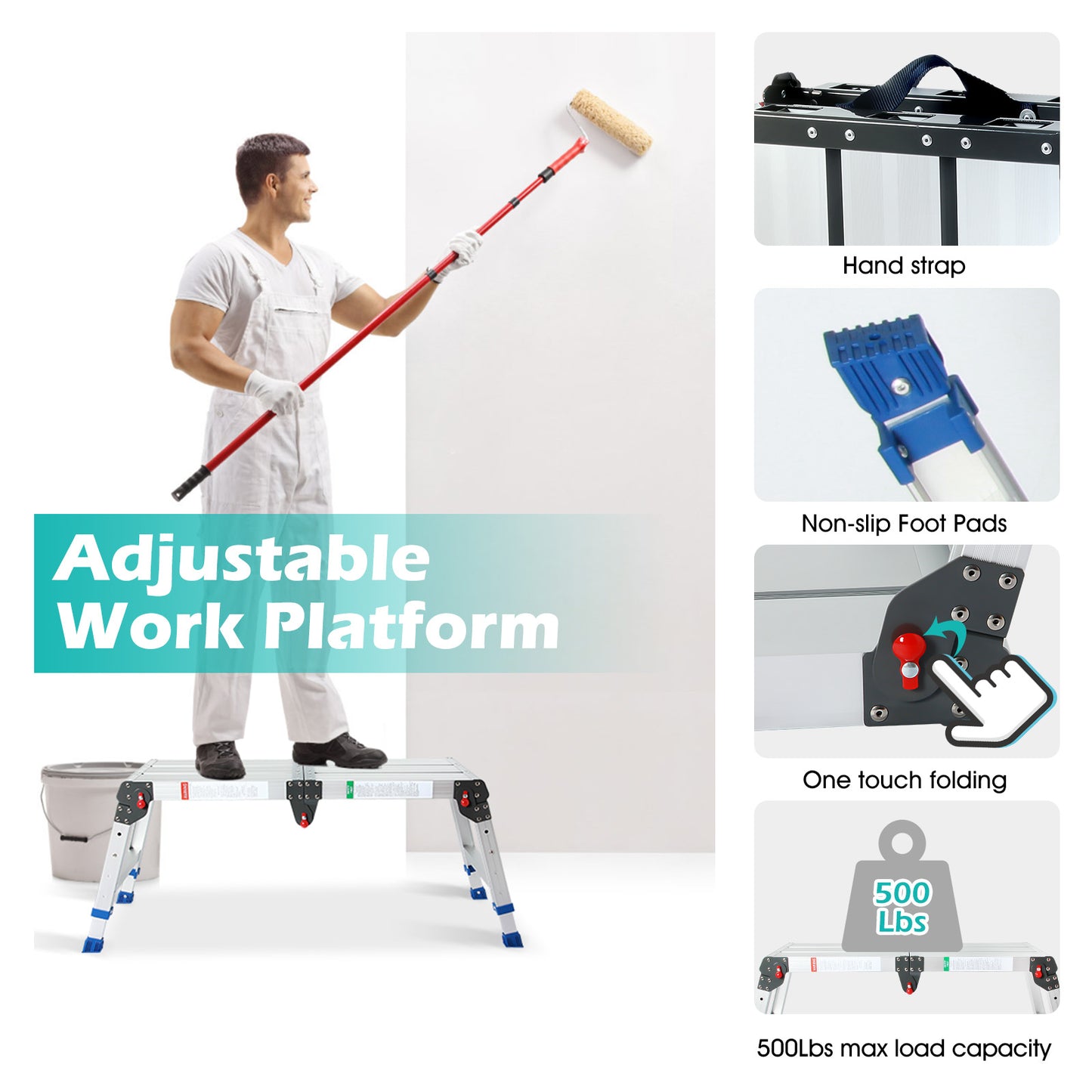 LEADALLWOOK Folding Aluminum Stool 43"(L) x12(W) x20(H) Aluminum Platform Ladder with One-Touch Automatic Fold 330 Lbs Capacity