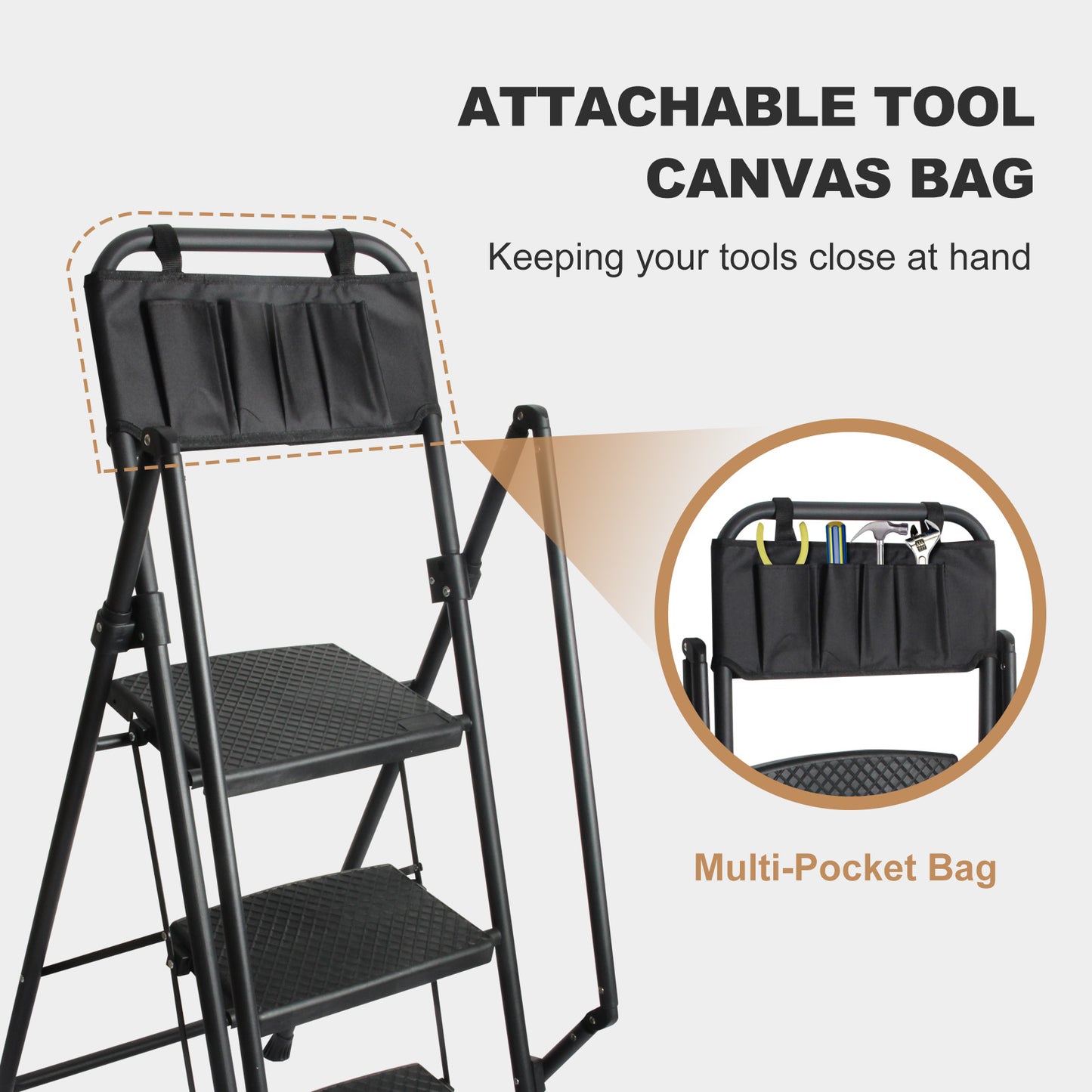 LEADALLWOOK 3 Step Ladder with Handrails Lightweight Folding Step Stool with Detachable Tool Bag for Home, Office, Kitchen and Garage,330lbs Capacity