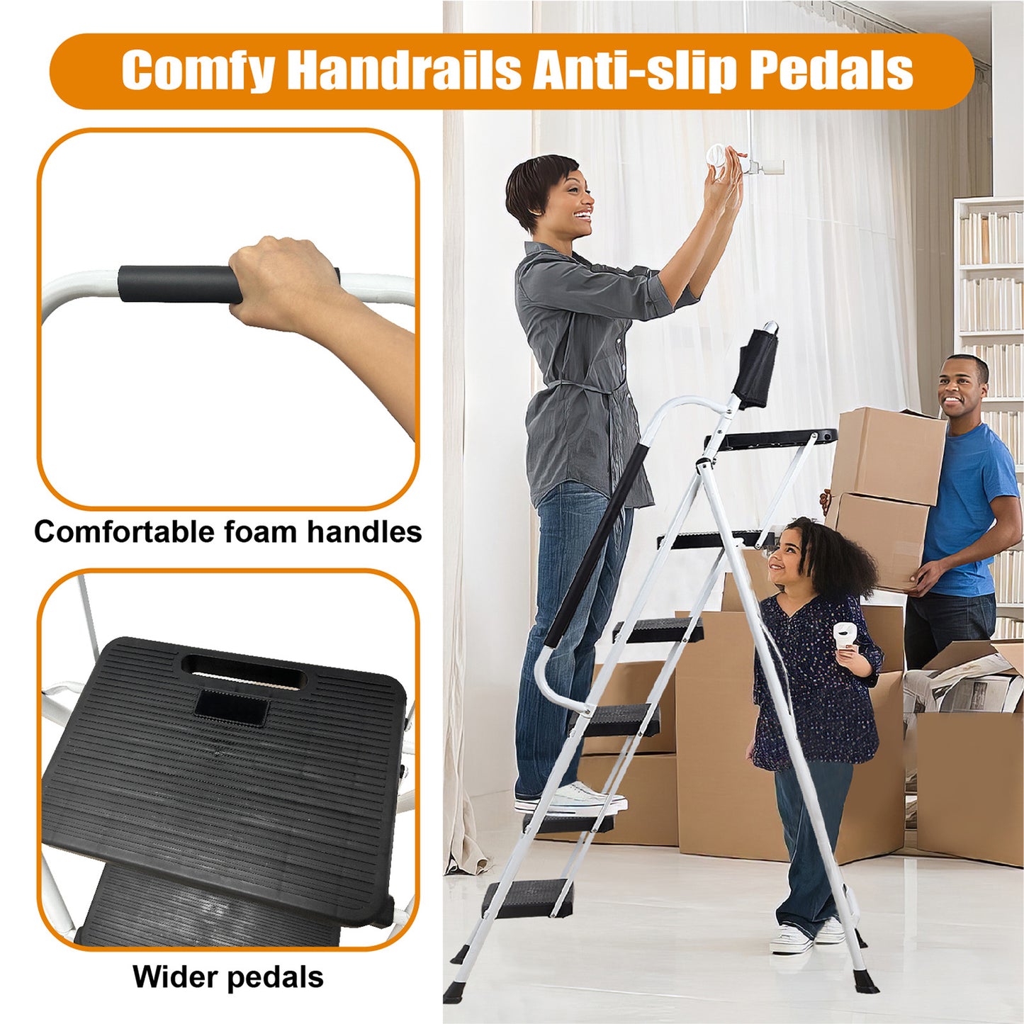 LEADALLWOOK 5 Step Ladder with Handrails (Include Tool Tray+Bag) 330lbs Capacity