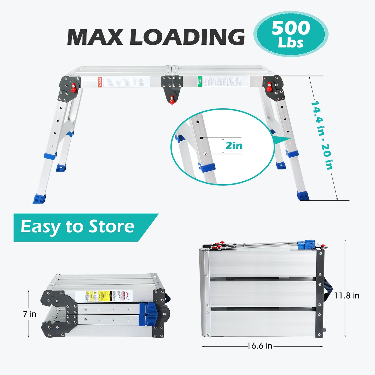 LEADALLWOOK Folding Aluminum Stool 43"(L) x12(W) x20(H) Aluminum Platform Ladder with One-Touch Automatic Fold 330 Lbs Capacity