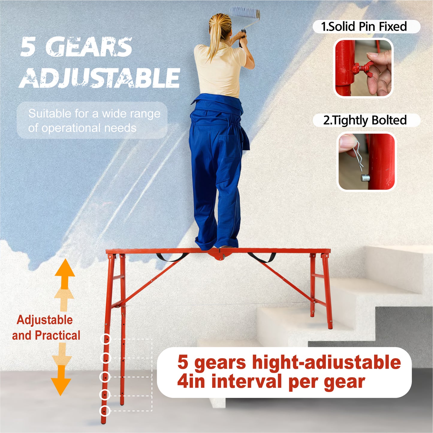 LEADALLWOOK Scaffolding Platform 770 LBS Capacity 70x11x33'' Folding Adjustable Portable Work Platform Ladder,Red