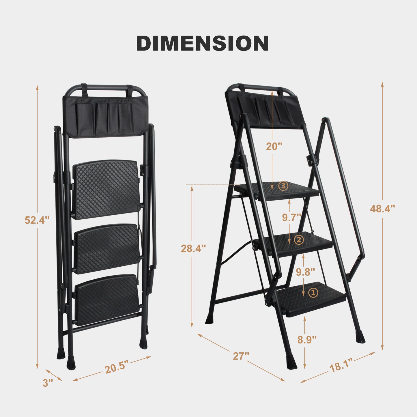 LEADALLWOOK 3 Step Ladder with Handrails Lightweight Folding Step Stool with Detachable Tool Bag for Home, Office, Kitchen and Garage,330lbs Capacity
