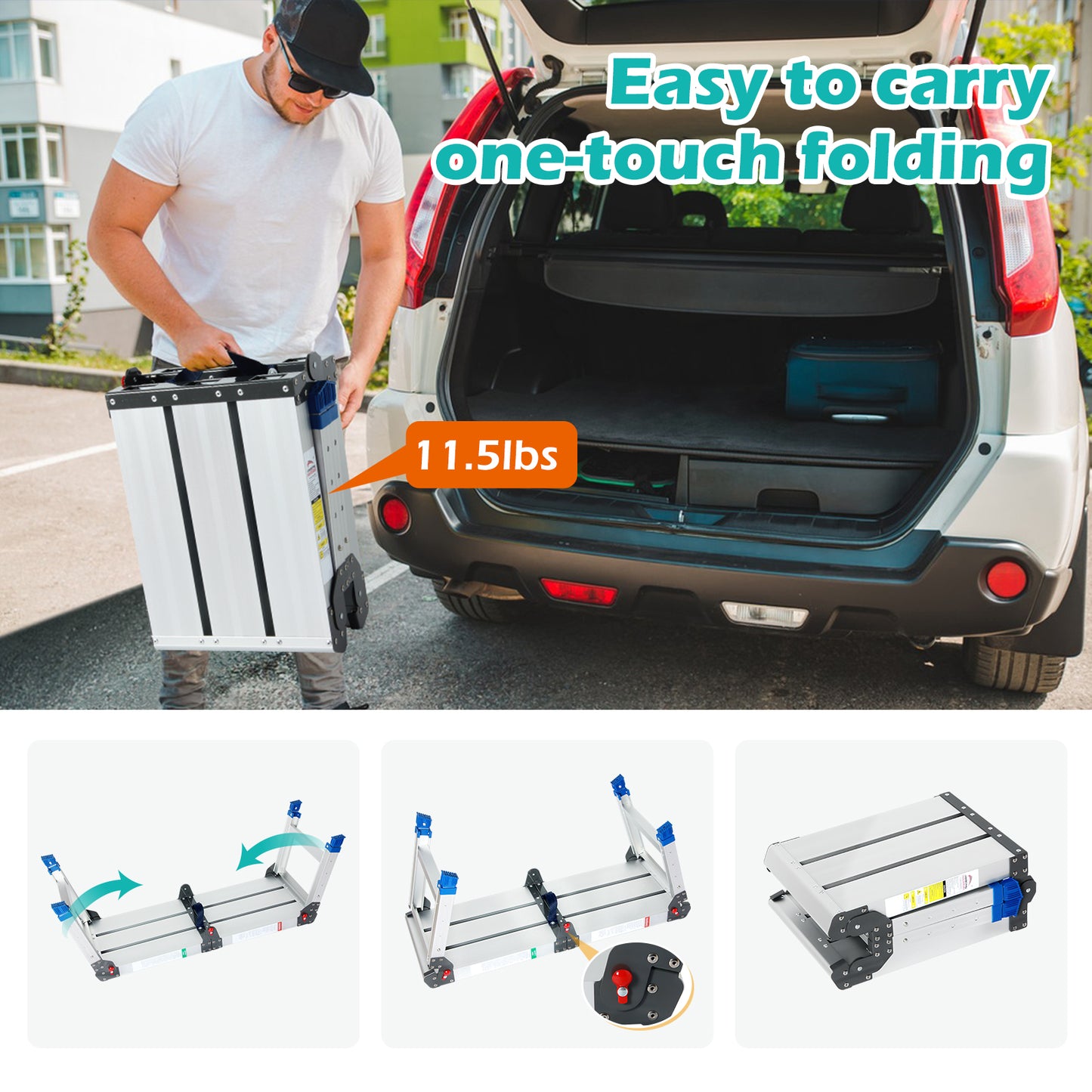 LEADALLWOOK Folding Aluminum Stool 43"(L) x12(W) x20(H) Aluminum Platform Ladder with One-Touch Automatic Fold 330 Lbs Capacity