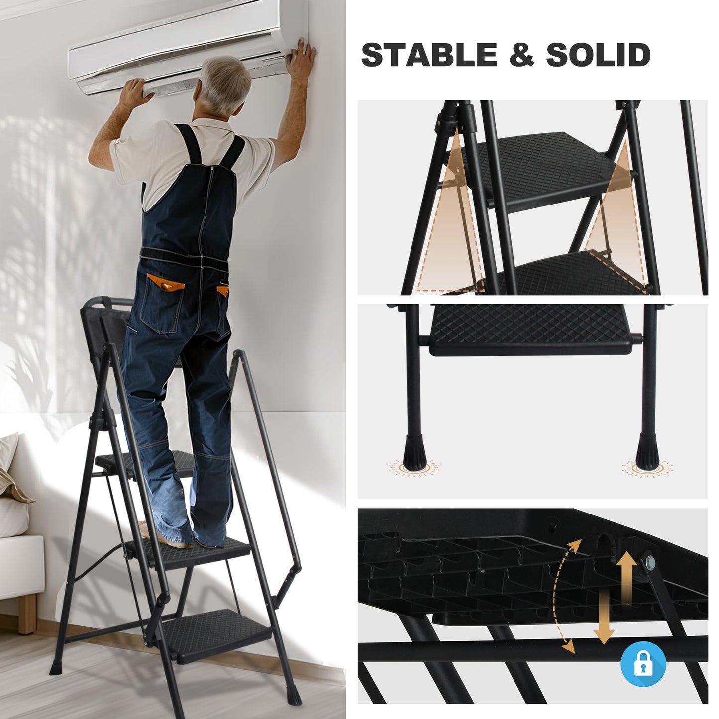 LEADALLWOOK 3 Step Ladder with Handrails Lightweight Folding Step Stool with Detachable Tool Bag for Home, Office, Kitchen and Garage,330lbs Capacity