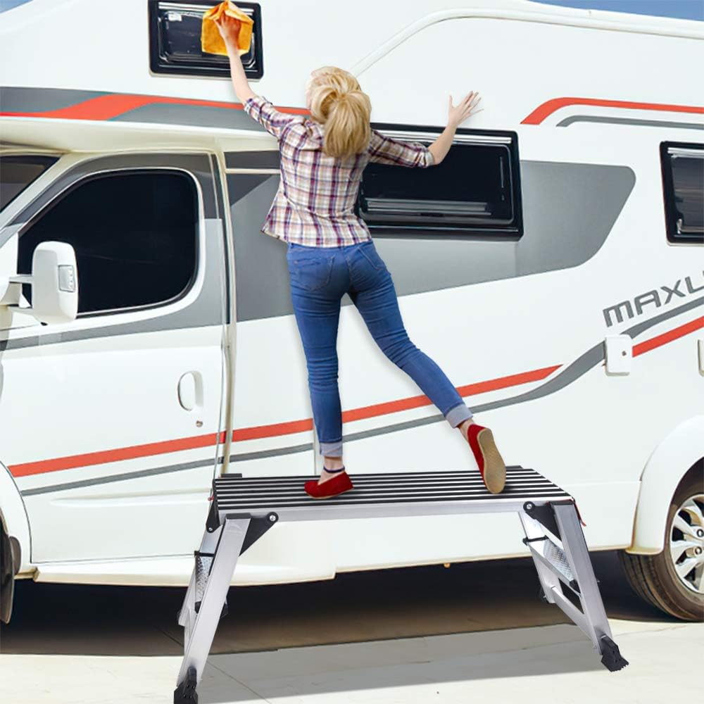 LEADALLWOOK Folding Aluminum Stool  Large Size Step Stool Folding Portable Work Bench with Non-Slip Mat Capacity 660 LBS Heavy Duty