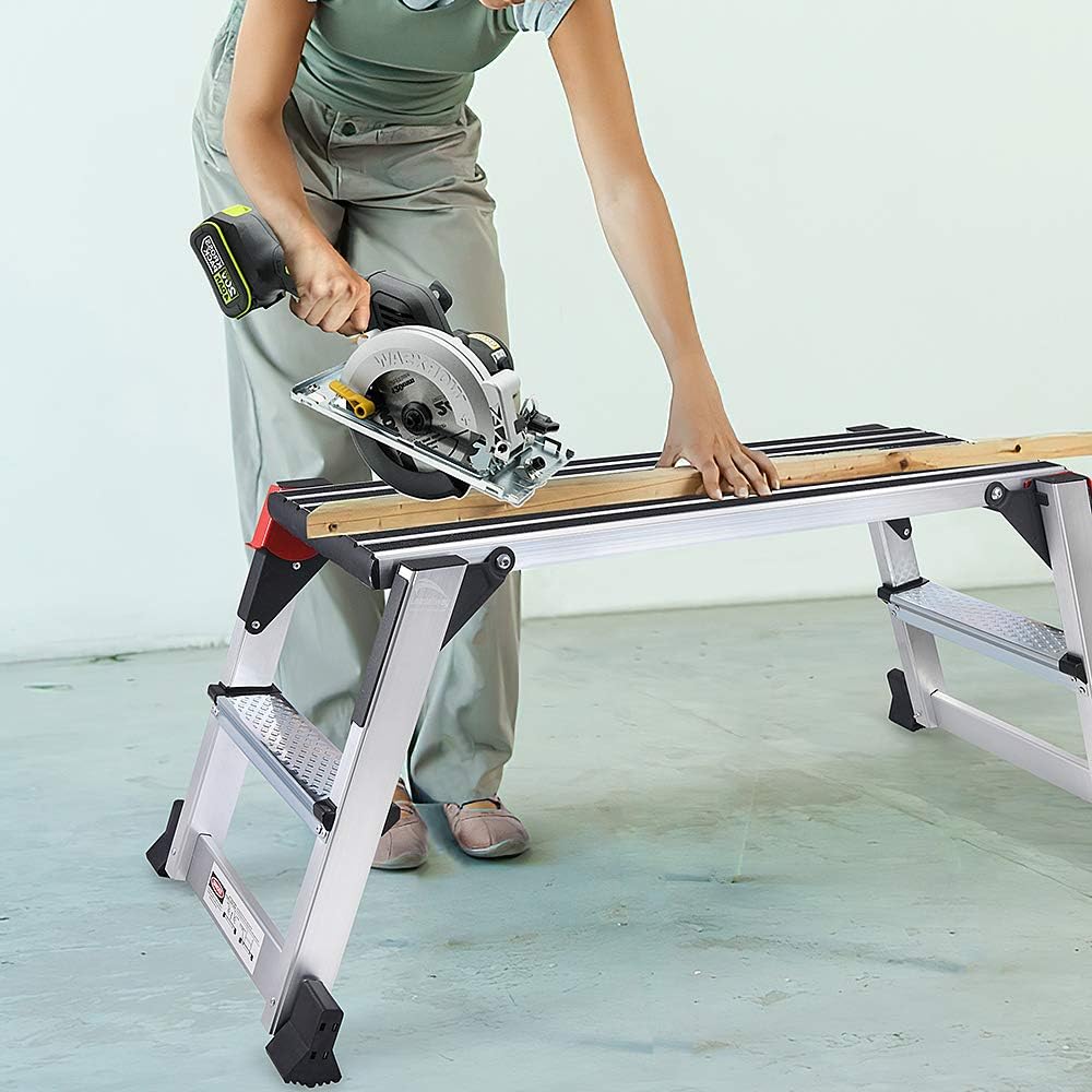 LEADALLWOOK Folding Aluminum Stool  Large Size Step Stool Folding Portable Work Bench with Non-Slip Mat Capacity 660 LBS Heavy Duty