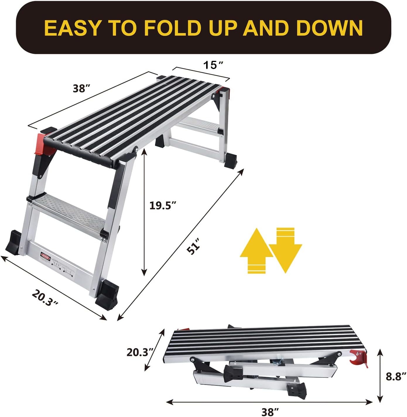 LEADALLWOOK Folding Aluminum Stool  Large Size Step Stool Folding Portable Work Bench with Non-Slip Mat Capacity 660 LBS Heavy Duty