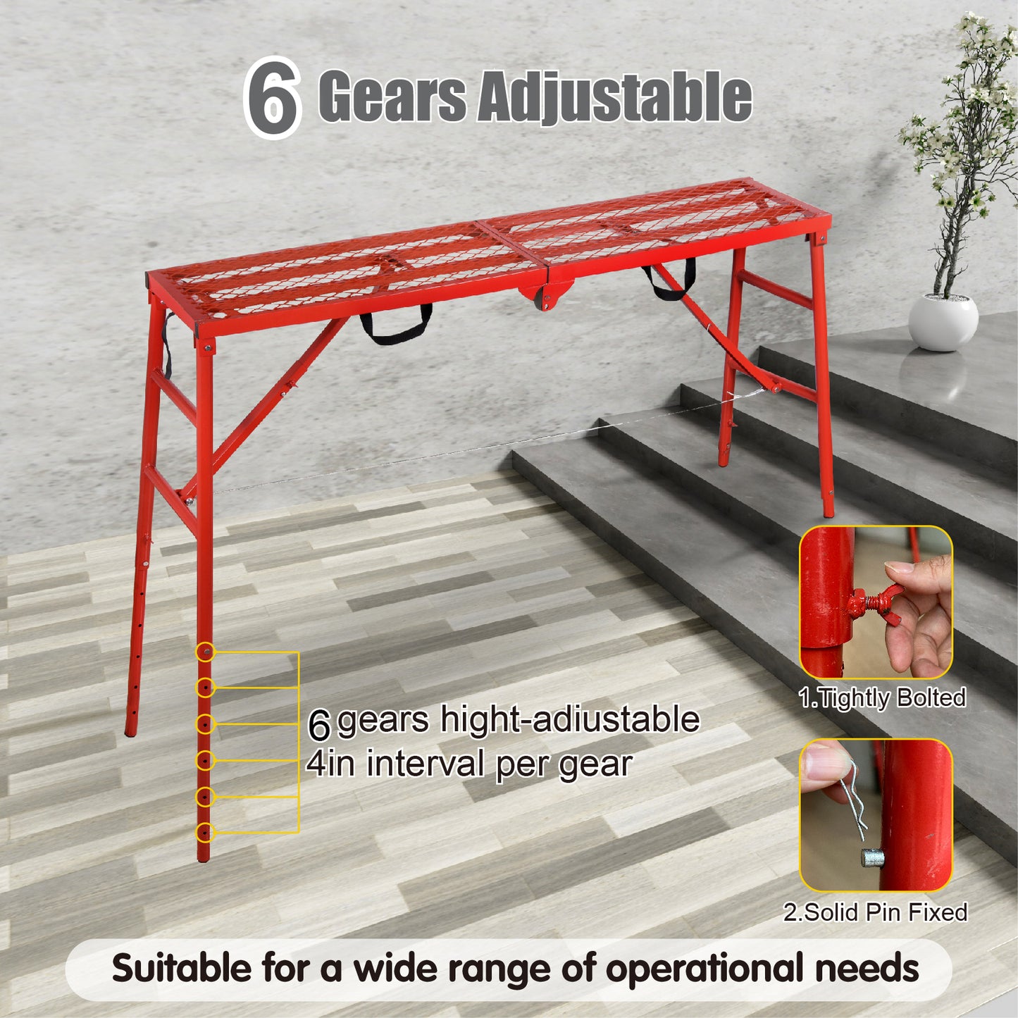 LEADALLWOOK Scaffolding Platform 70(L) x15(W) x33(H) 770 Lbs Capacity Portable Adjustable Work Platform Scaffolding Ladder,Red