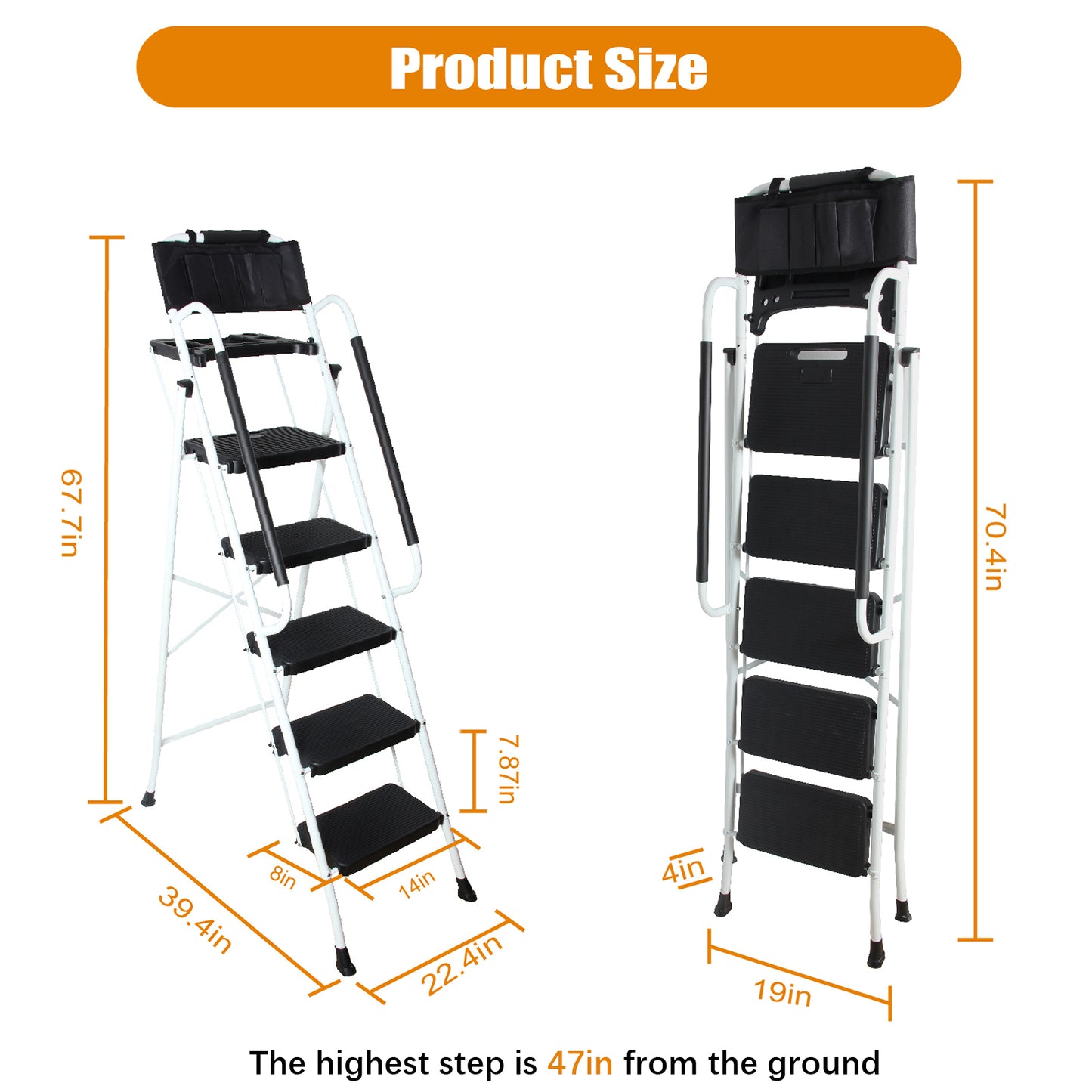 LEADALLWOOK 5 Step Ladder with Handrails (Include Tool Tray+Bag) 330lbs Capacity